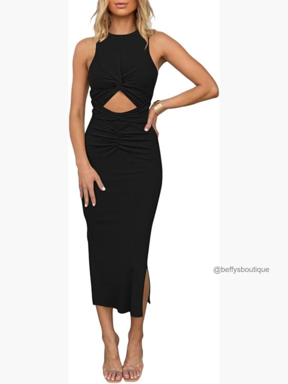 Sleeveless Crewneck Cut Out Bodycon Midi Dress Ruched Slit Ribbed Knit
